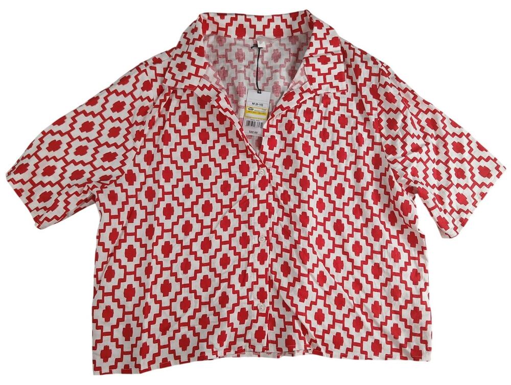 Shade & Shore Swim Cover Up Womens Medium Red Geometric Cropped Collar NWT
